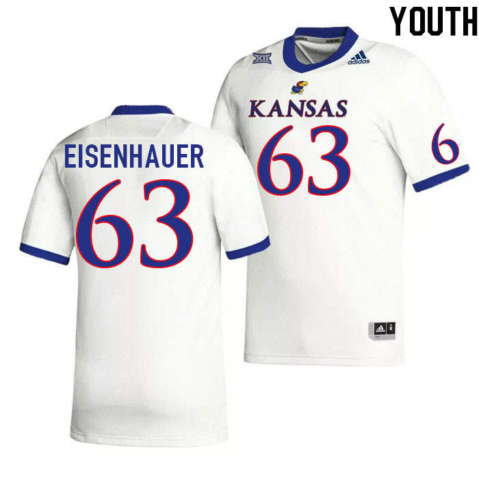 Youth #63 Jake Eisenhauer Kansas Jayhawks College Football Jerseys Stitched Sale-White - Click Image to Close